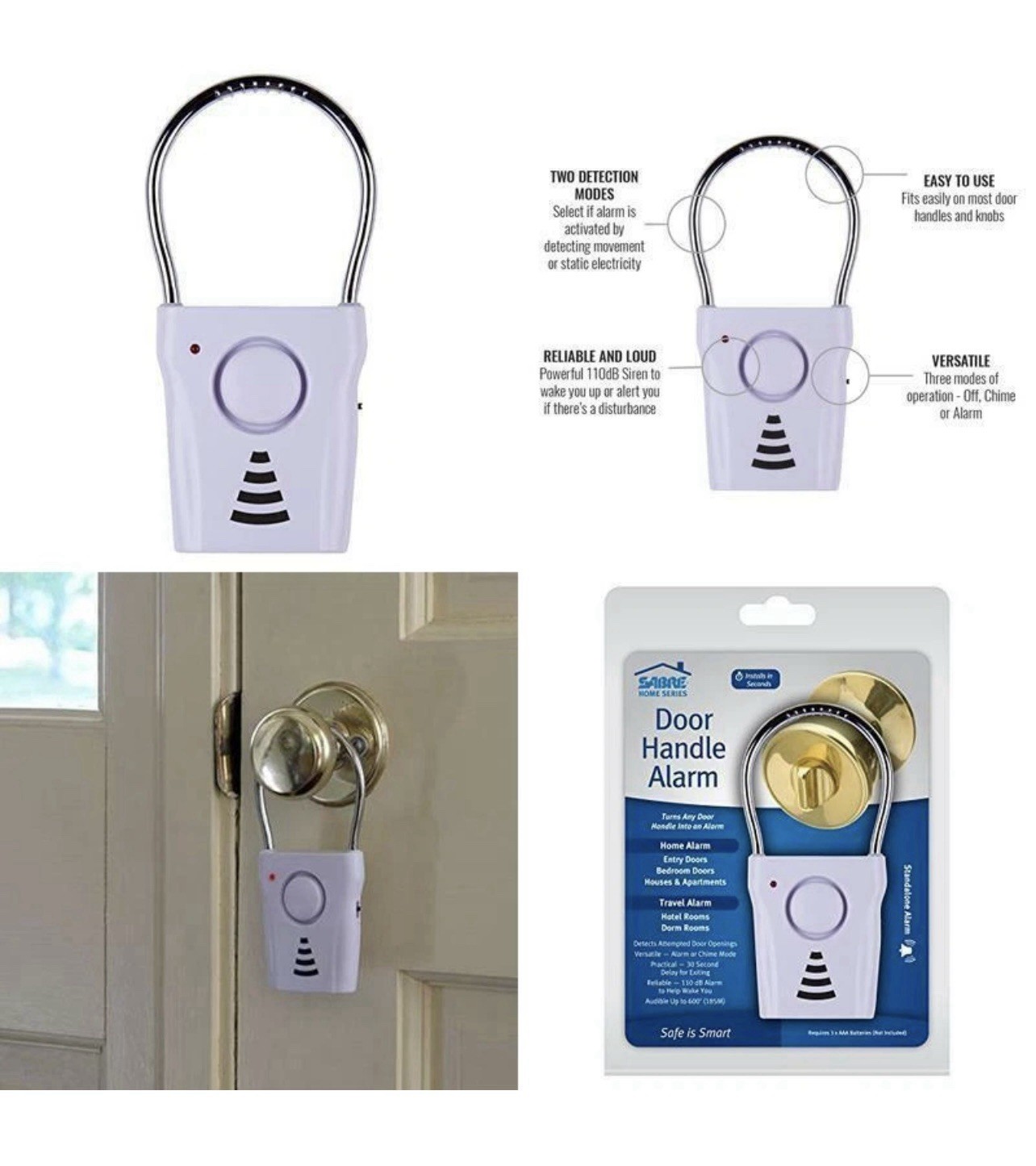SABRE Door Handle Alarm –110dB Home Security – Audible up to 600 Feet SA81144