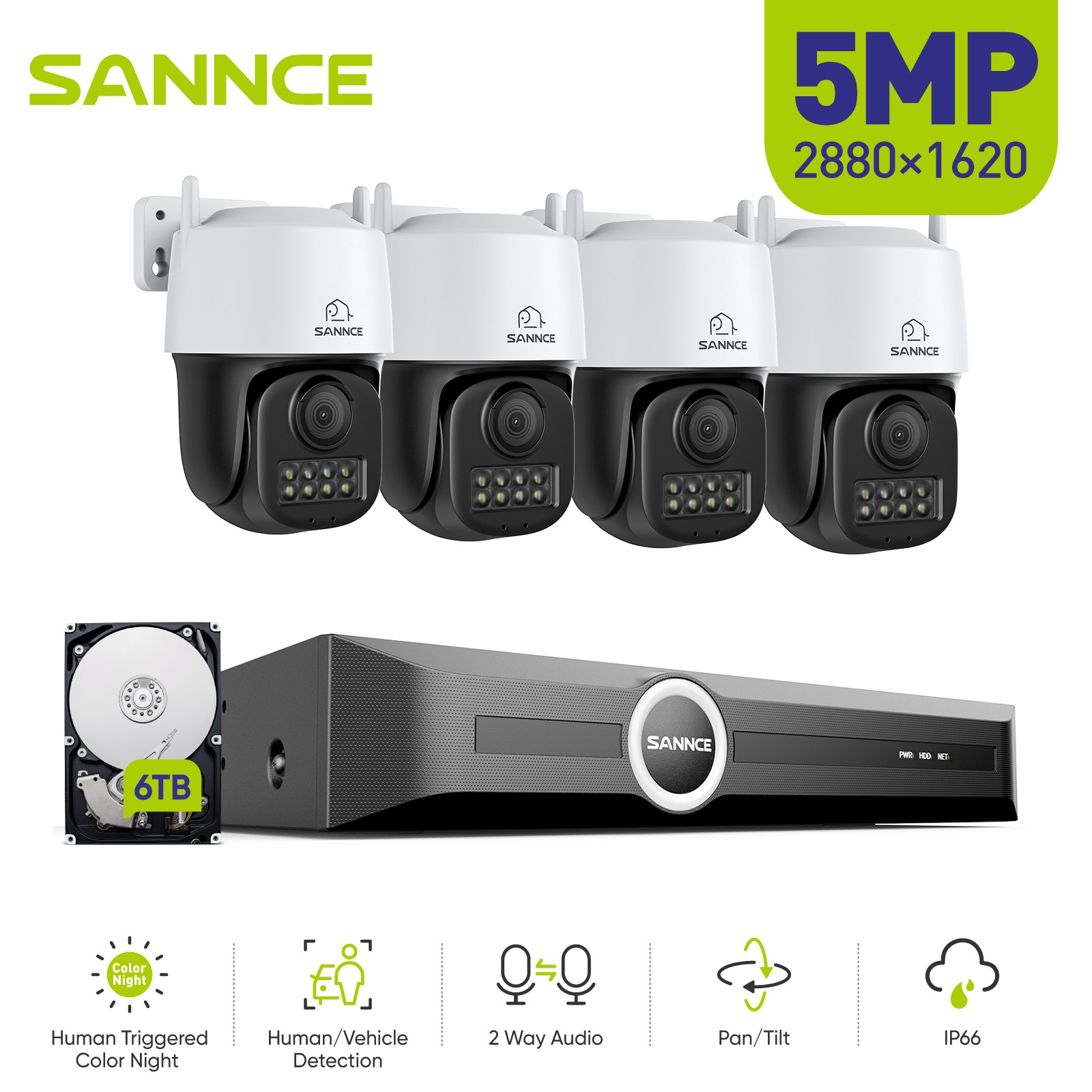 SANNCE 8CH NVR 5MP PT POE Security Camera IP System 3K Two Way Audio Color Night