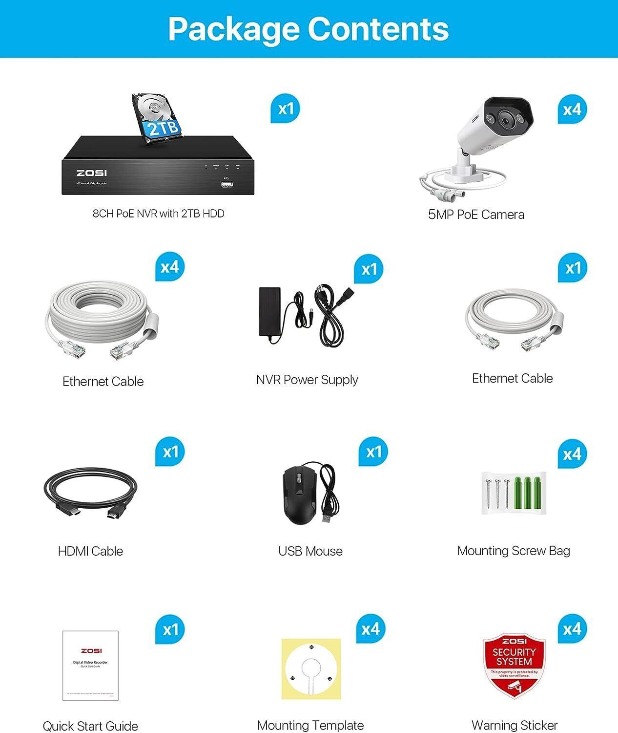 ZOSI 8CH PoE 4K NVR 5MP Spotlight Security CCTV Camera System 2TB Two-Way Audio