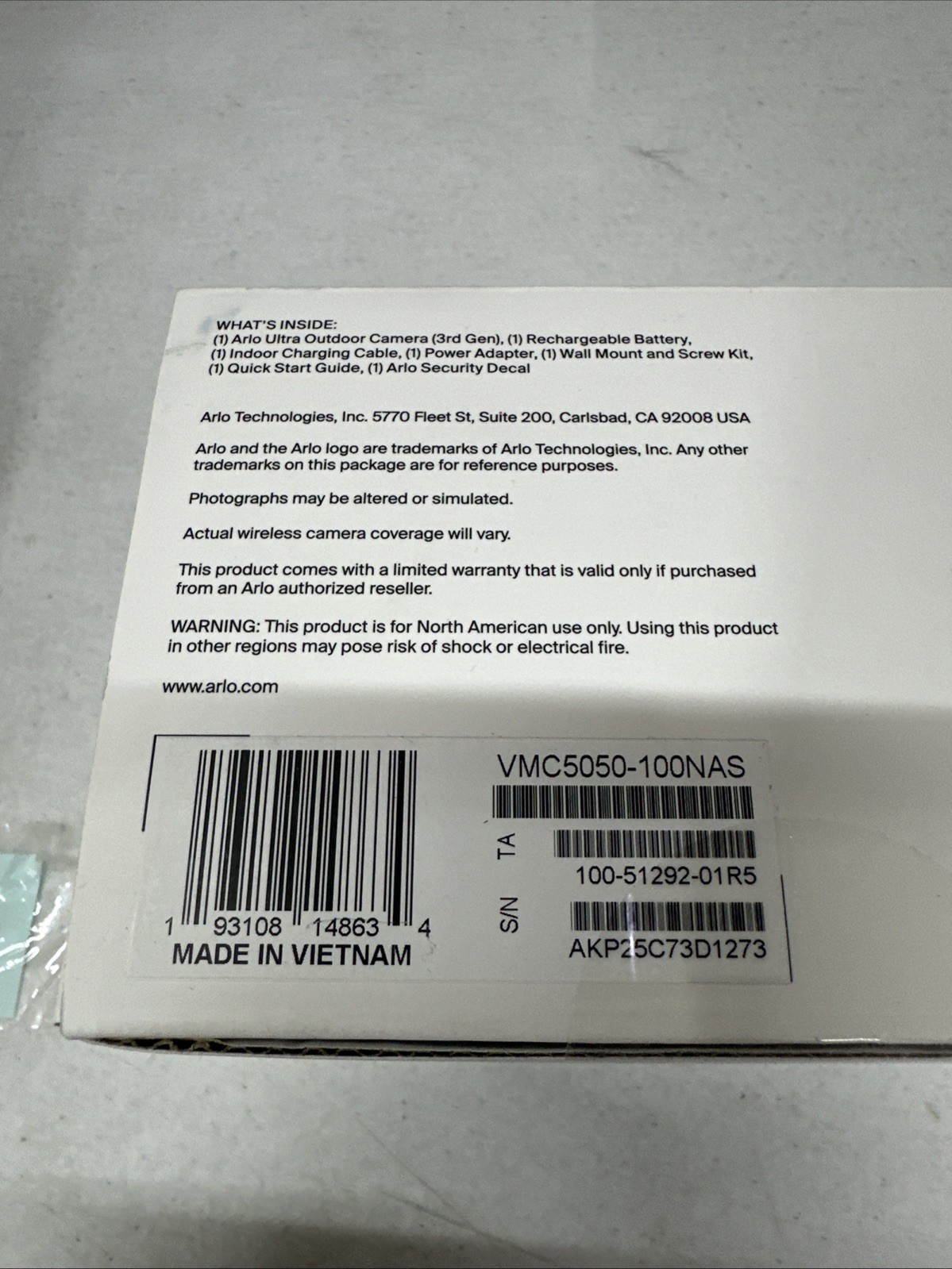 Arlo Ultra 4K 3rd Gen Single Add On Camera Battery Powered New Sealed