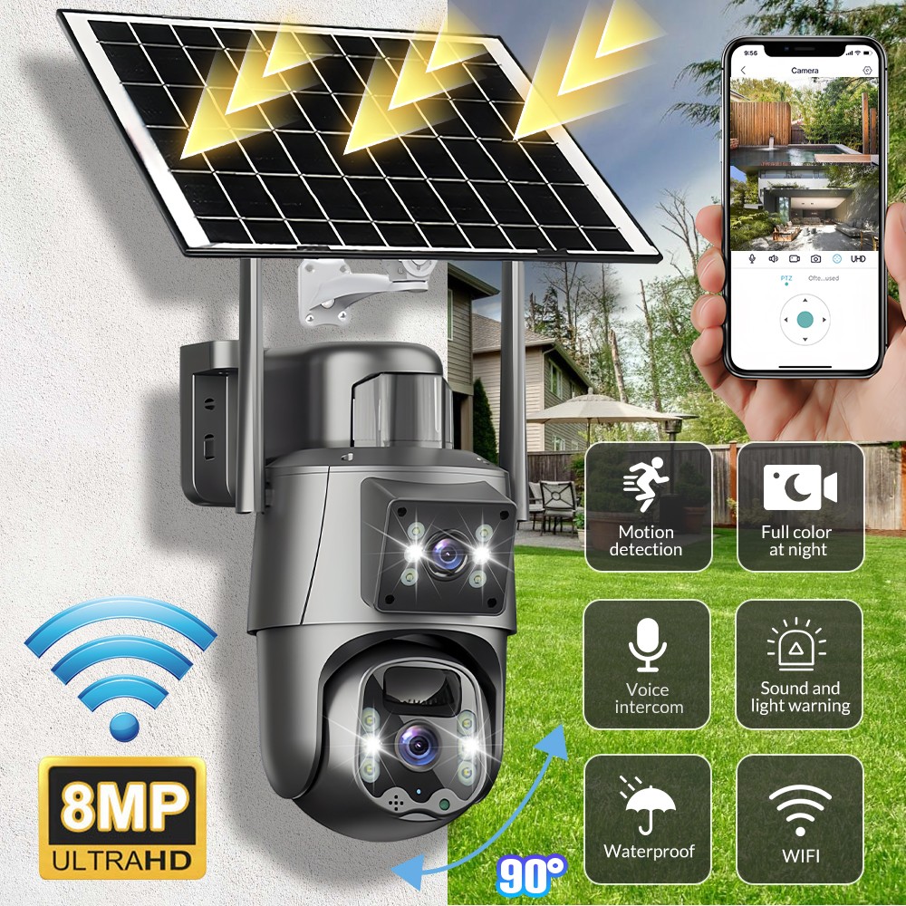 2 Lens 8MP Solar Battery Powered Camera Wireless WiFi Outdoor Pan/Tilt Camera