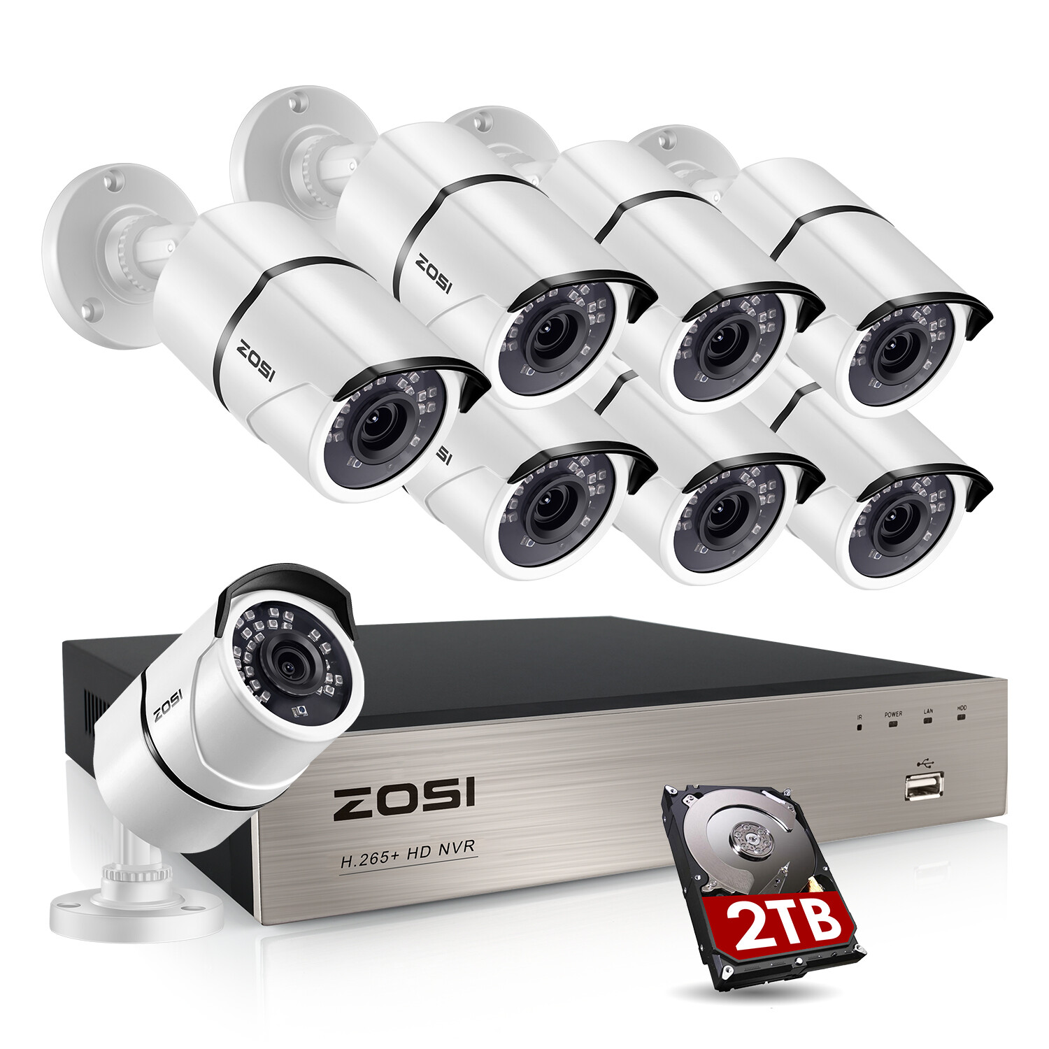 ZOSI H.265+ 5MP 8CH NVR HD POE Security Camera System Outdoor Watherproof 2TB