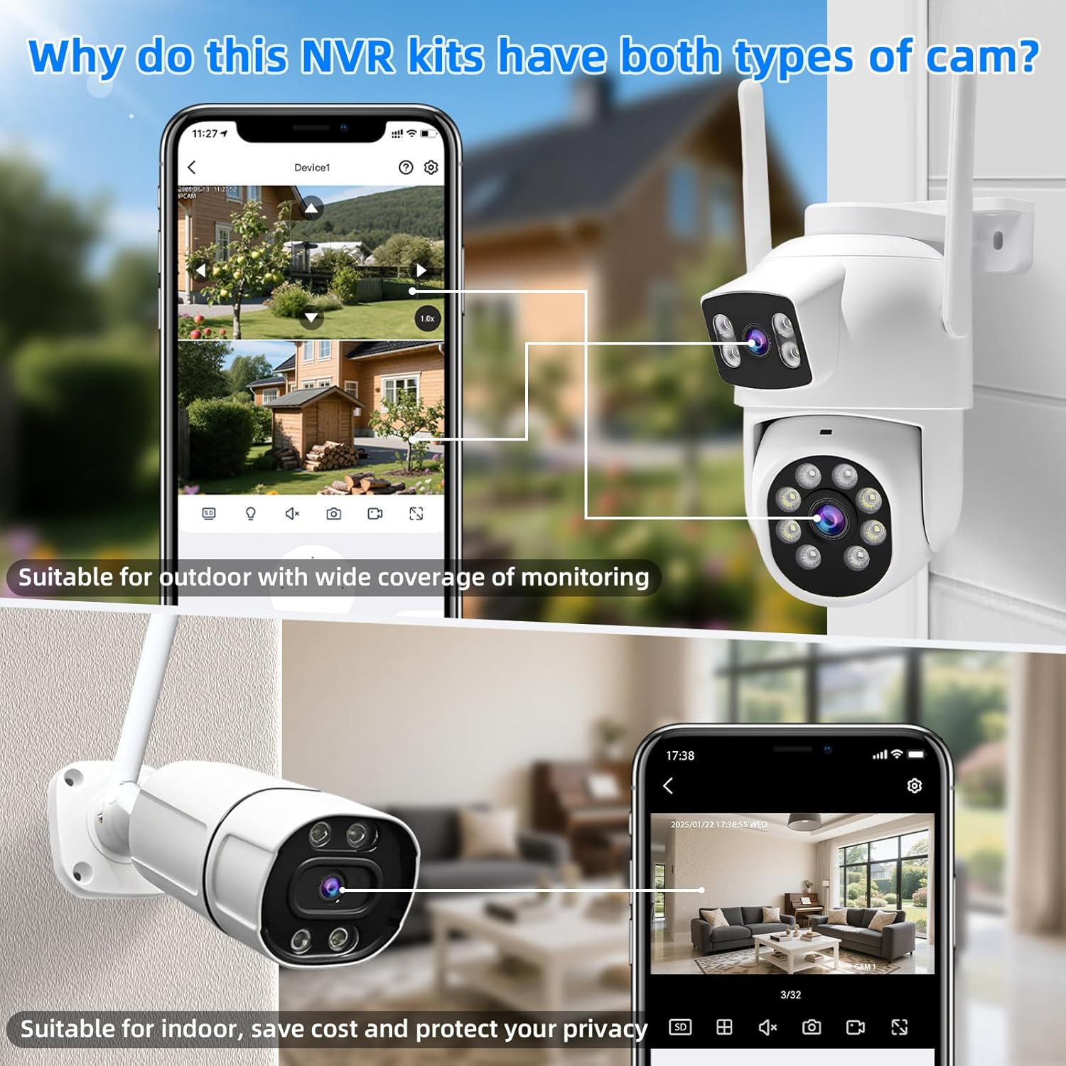 Wireless Security Camera NVR System, 2 Bullet Cam + 2 Dome Cam, 6 Screen Max. up