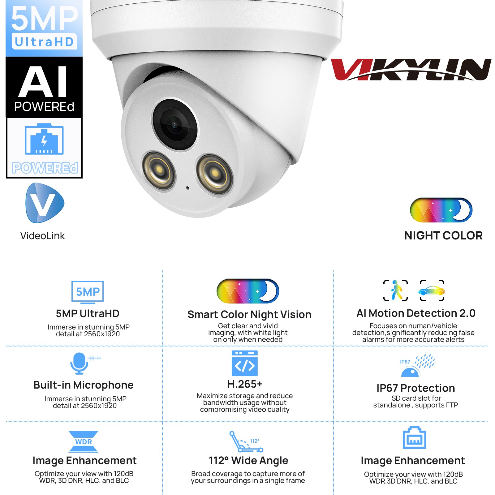 VIKYLIN SmartFind 16POE 16CH NVR CCTV Full Color MIC 5MP Security Camera Kit Lot