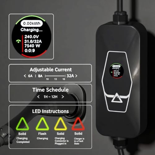 Level 2 EV Charger (WiFi, App, Plug and Play), 32 Amp, 240V Portable Electric