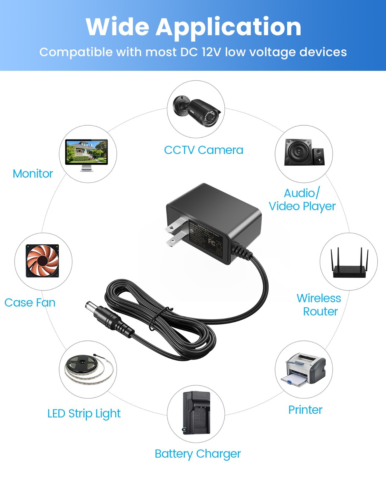 ZOSI DC 12V 2A 2000mA US CCTV Power Supply Adapter for Home Security Cam System