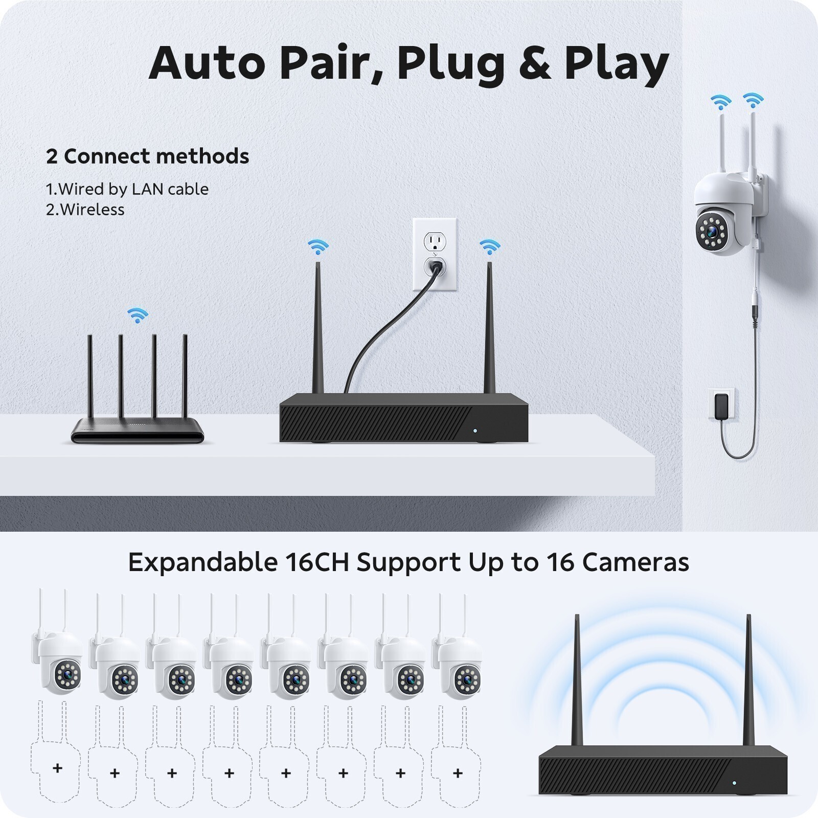 8Pcs PTZ Cameras Wireless CCTV Security Camera System WiFi 16CH 4K NVR Audio US