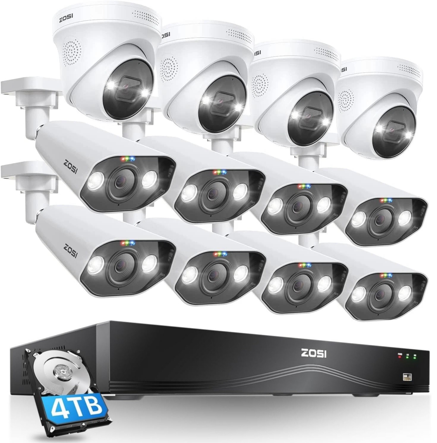 ZOSI 16CH 4K 8MP POE Security Camera System NVR 4TB Audio AI Car Detect H.265+