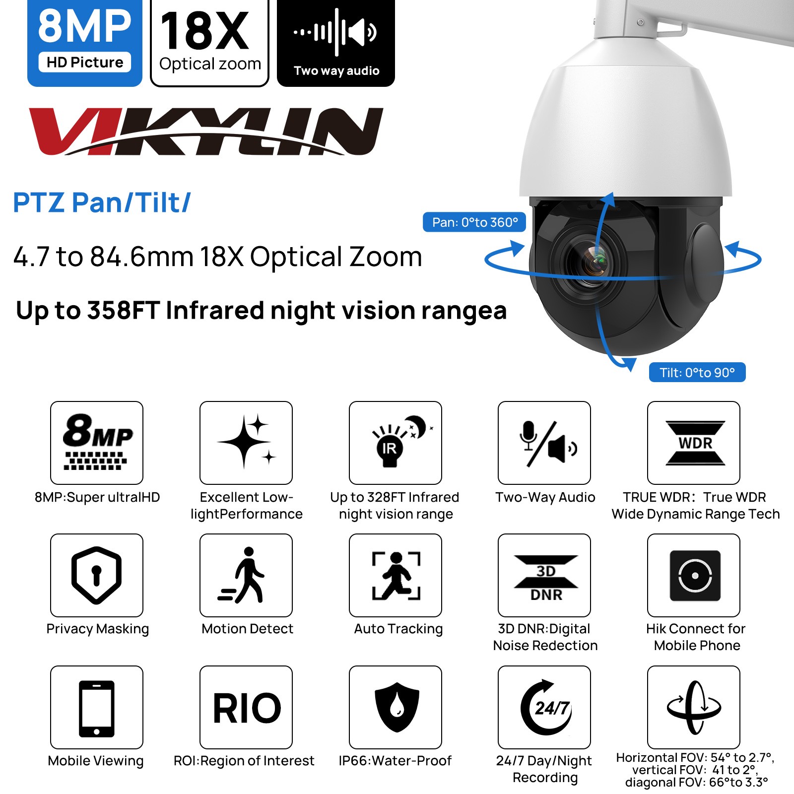 VIKYLIN 8CH 8POE NVR 18×ZOOM 360° IR50M 8MP PTZ Camera Systems Auto Tracking Lot