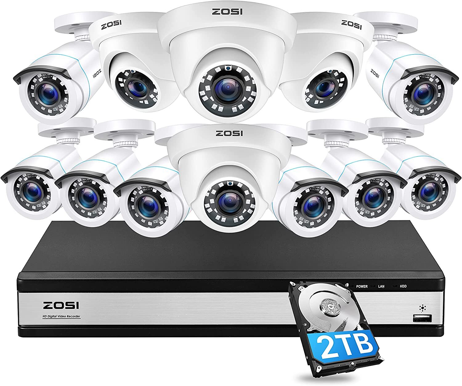 ZOSI 16CH H.265+ 2TB DVR +12 x 2MP Cameras Security System Outdoor Night Vision
