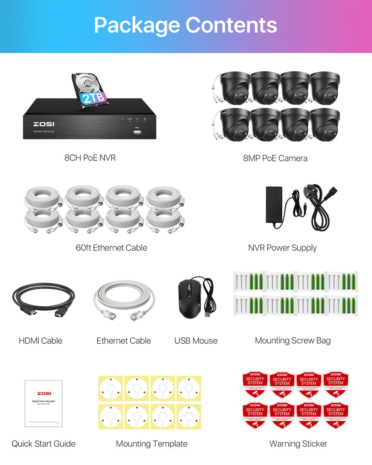 ZOSI 4K 8CH NVR PoE Dome Camera System Weatherproof Outdoor Two-Way Audio 2TB