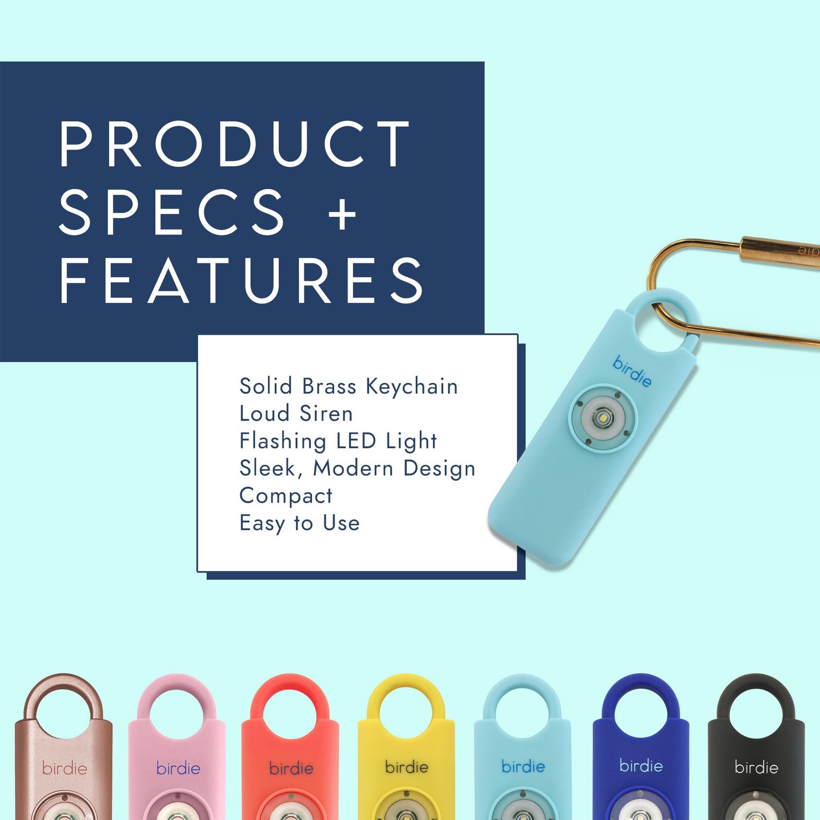 Personal Safety Alarm for Women – Loud Siren, Strobe Light, Keychain (Aqua)