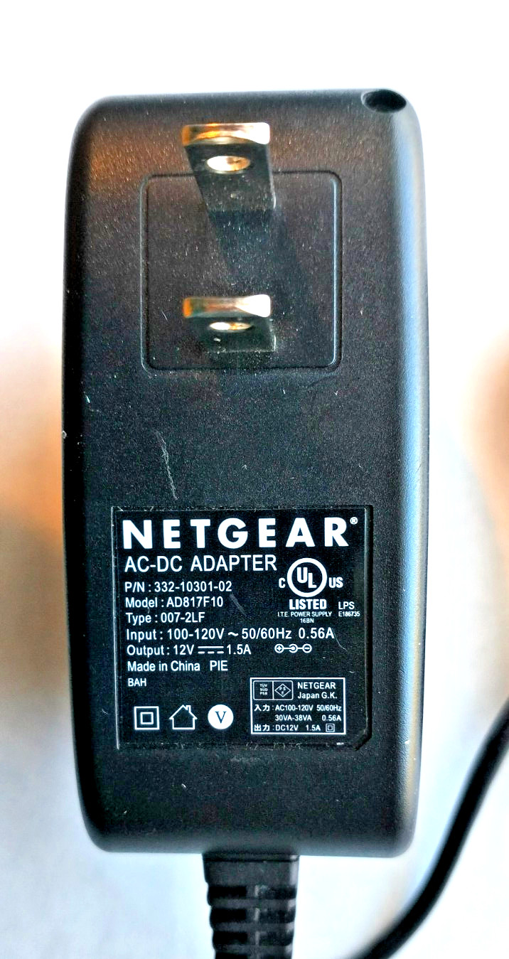 NETGEAR 332-10301-02 AD817F10 TYPE 007-2LF AC/DC ADAPTER 12V 1.5A J4.3