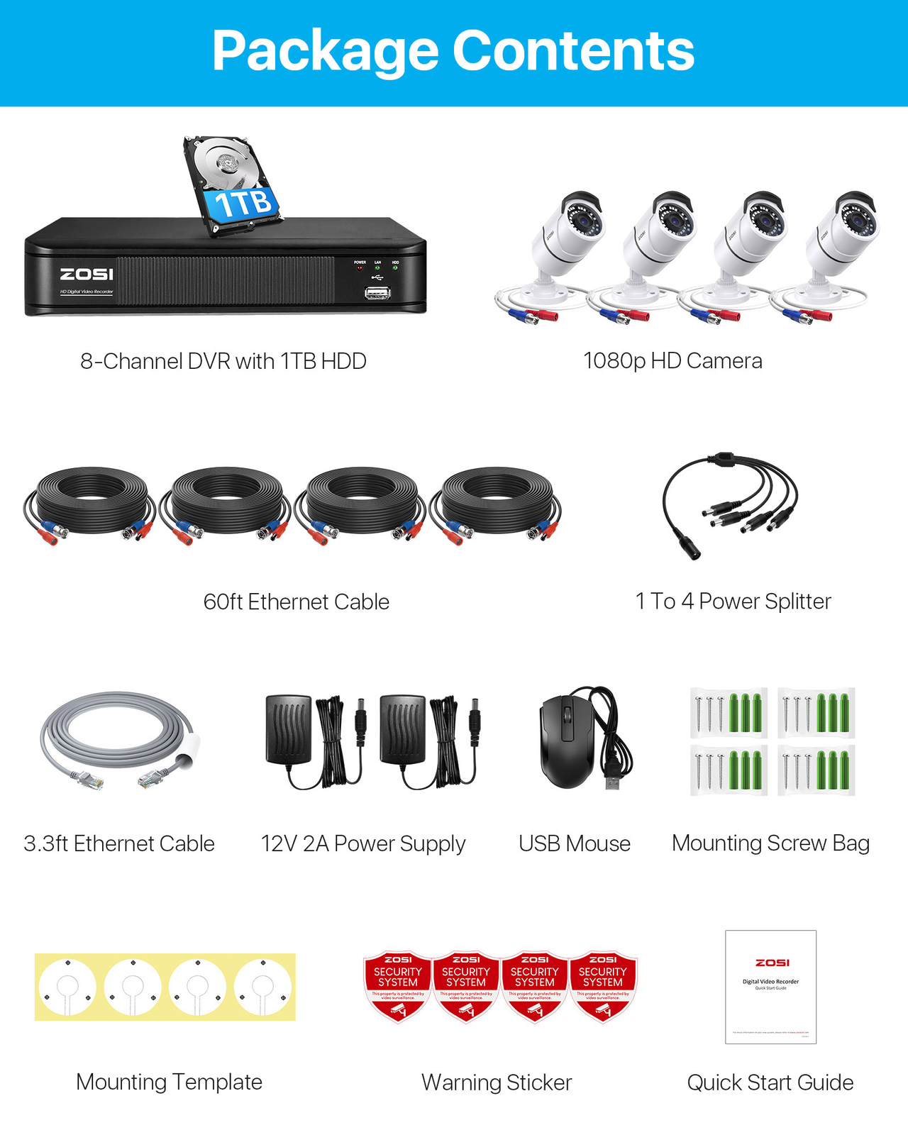 ZOSI H.265 5MP-Lite DVR Outdoor CCTV Security 1080p Camera System 120ft IR Night