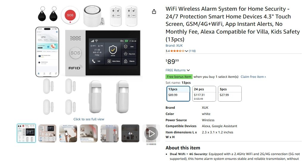 XUK 13-Piece WiFi 4G GSM Home Security Alarm System 4.3″ Touchscreen-USED