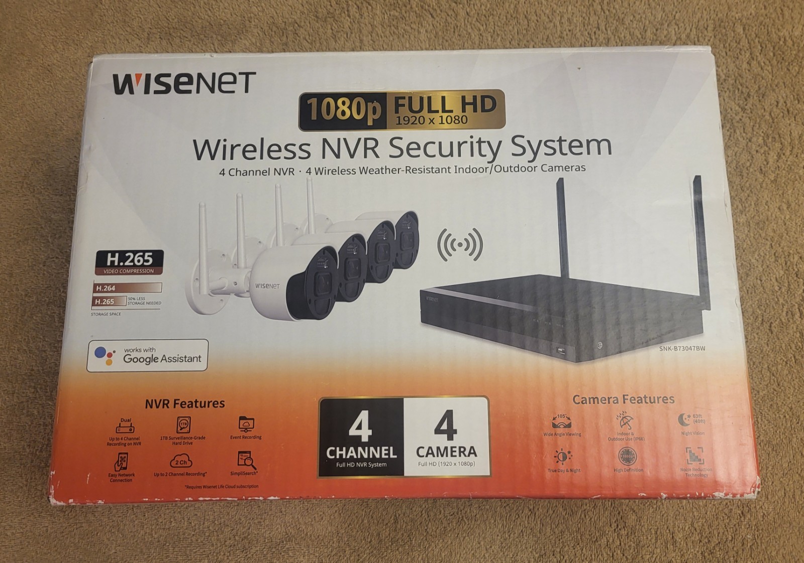 Wisenet SNK-B73047BW 1TB HD, 4 Bullet Cameras 1080p Dual Antenna Indoor/Outdoor
