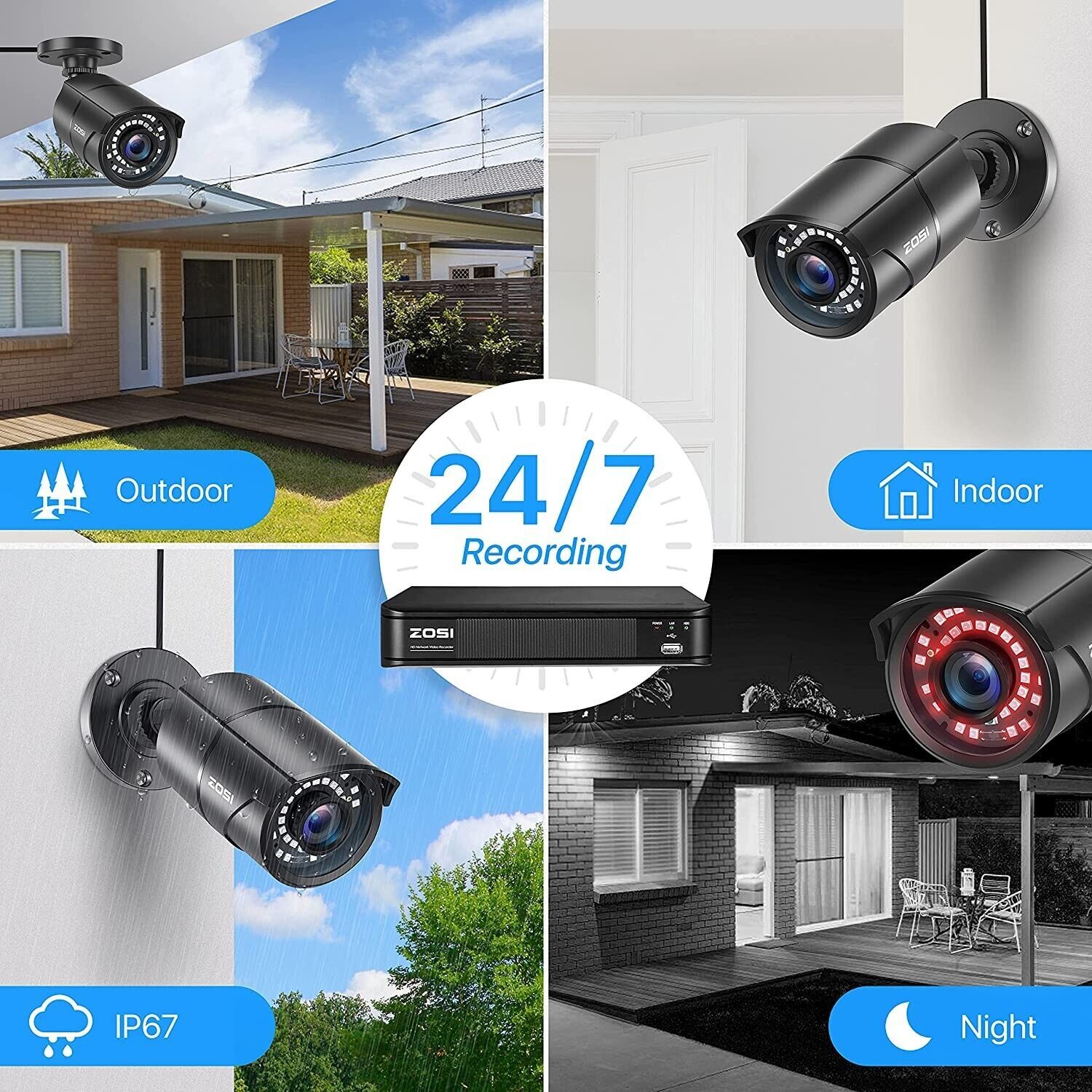 ZOSI 8MP H.265+ PoE Home Security Camera System Outdoor 160ft Night Vision 2TB