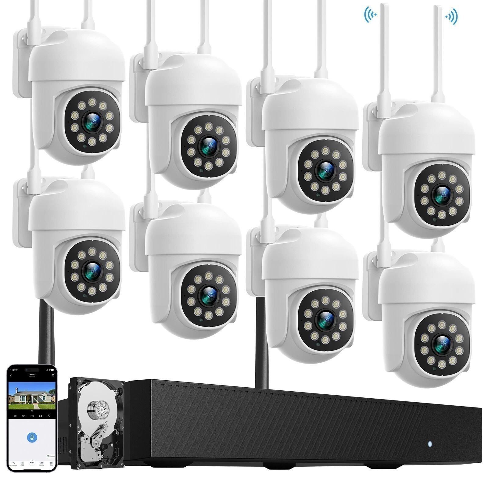 Wireless CCTV Security Camera Systems 16CH 4K NVR 8pcs Outdoor PTZ Cameras Audio