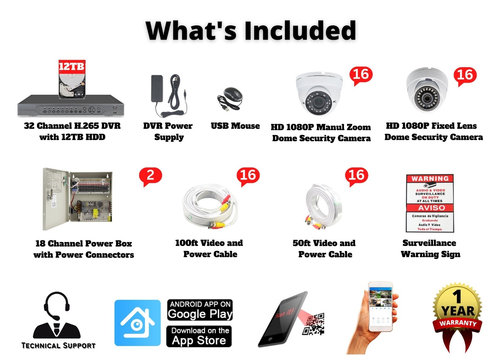 1080P HD 32 Channel Complete Security Camera System 12TB HDD for Recording