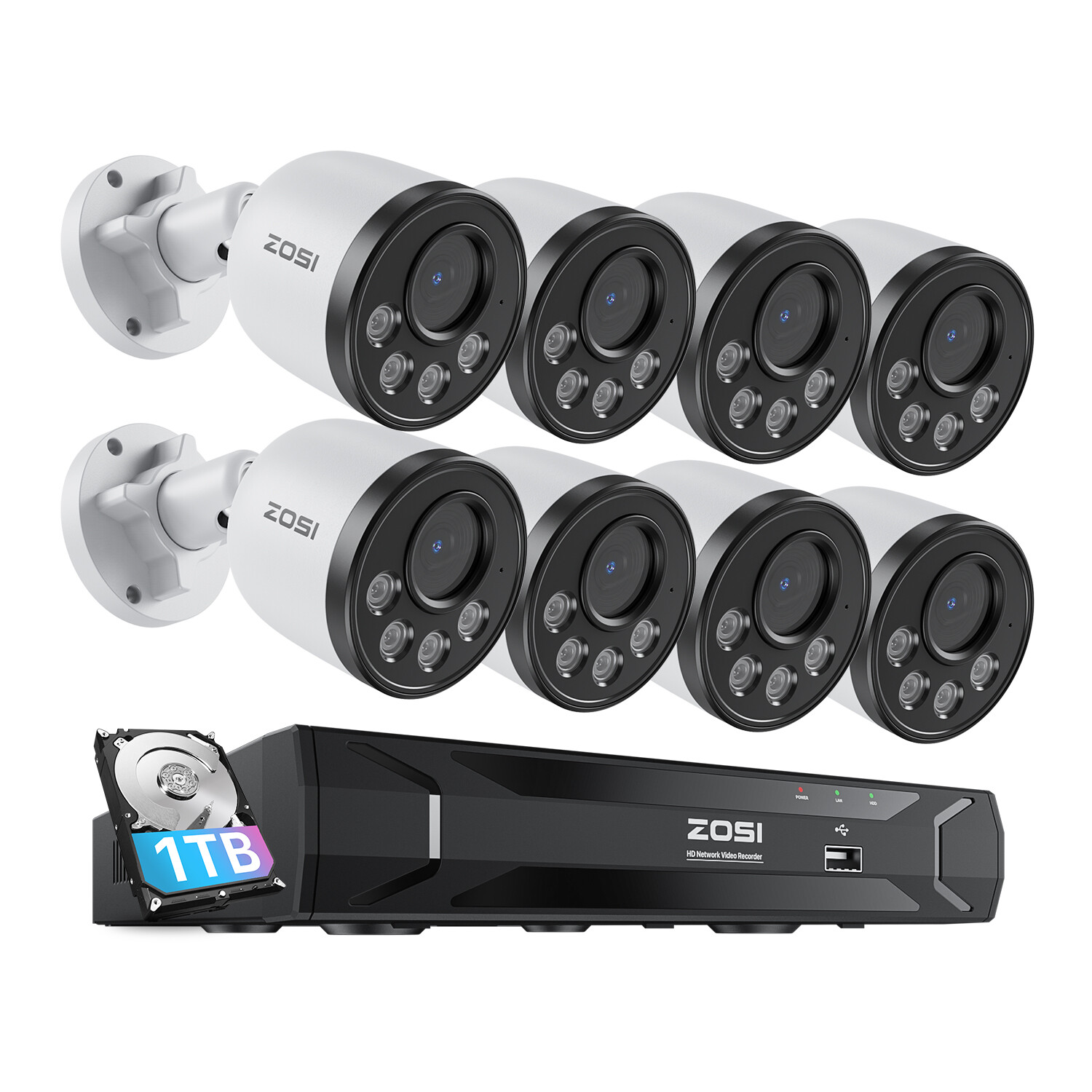 ZOSI 3K 8CH NVR 4MP PoE Security Camera System IP 1-Way Audio AI Detect CCTV 1TB
