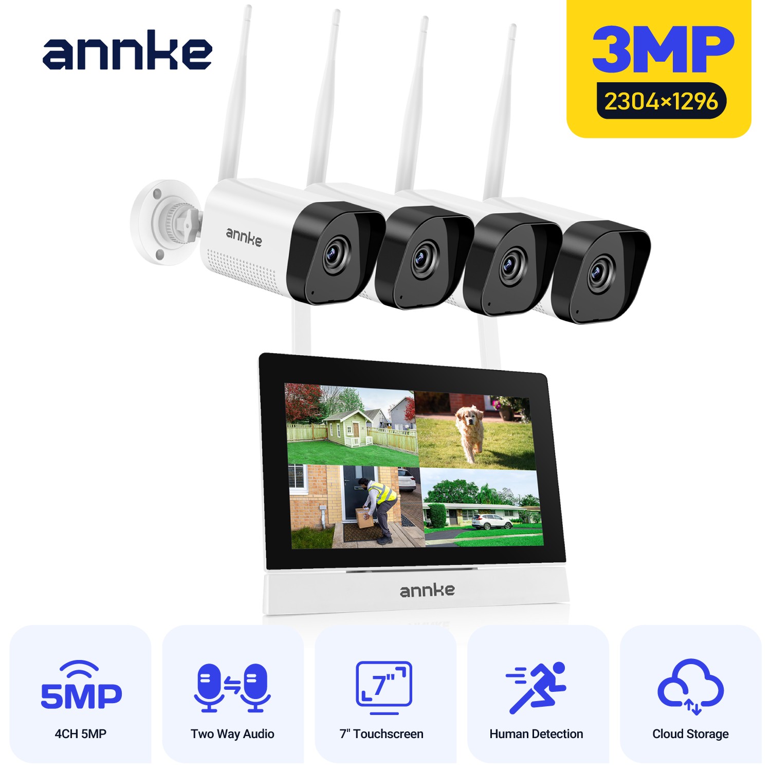 ANNKE 4CH NVR 7″ Monitor 3MP WiFi Security Camera System Two-Way Audio Outdoor