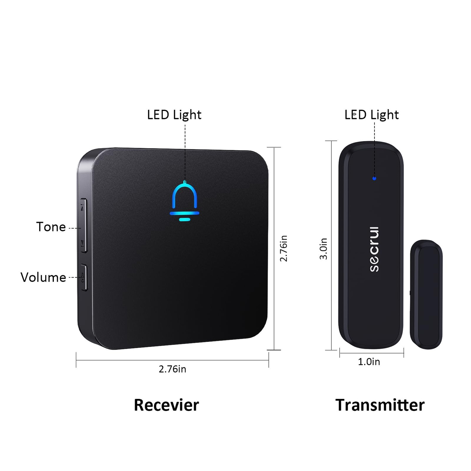 SECRUI Wireless Door Chimes When Open Entry 1 sensor 2 receiver, Black