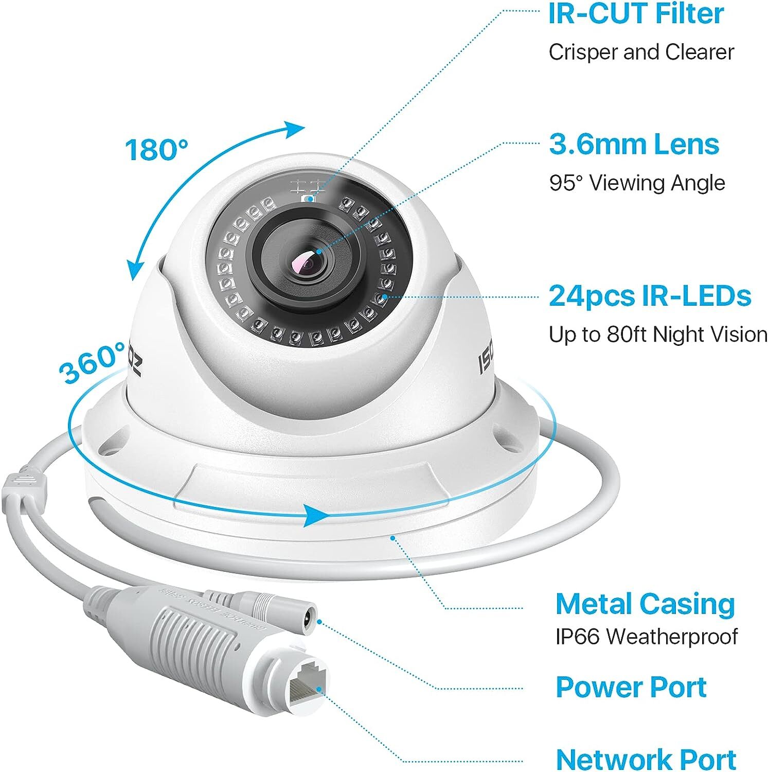 ZOSI 5MP 3K PoE Security Add-on Camera 80ft Day Night Vision Motion Alert IP Cam