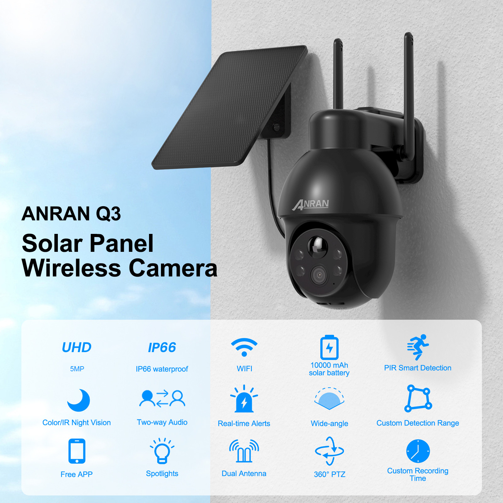 Wireless Security Camera System Solar Panel Battery 3MP PTZ 2Way Audio Outdoor