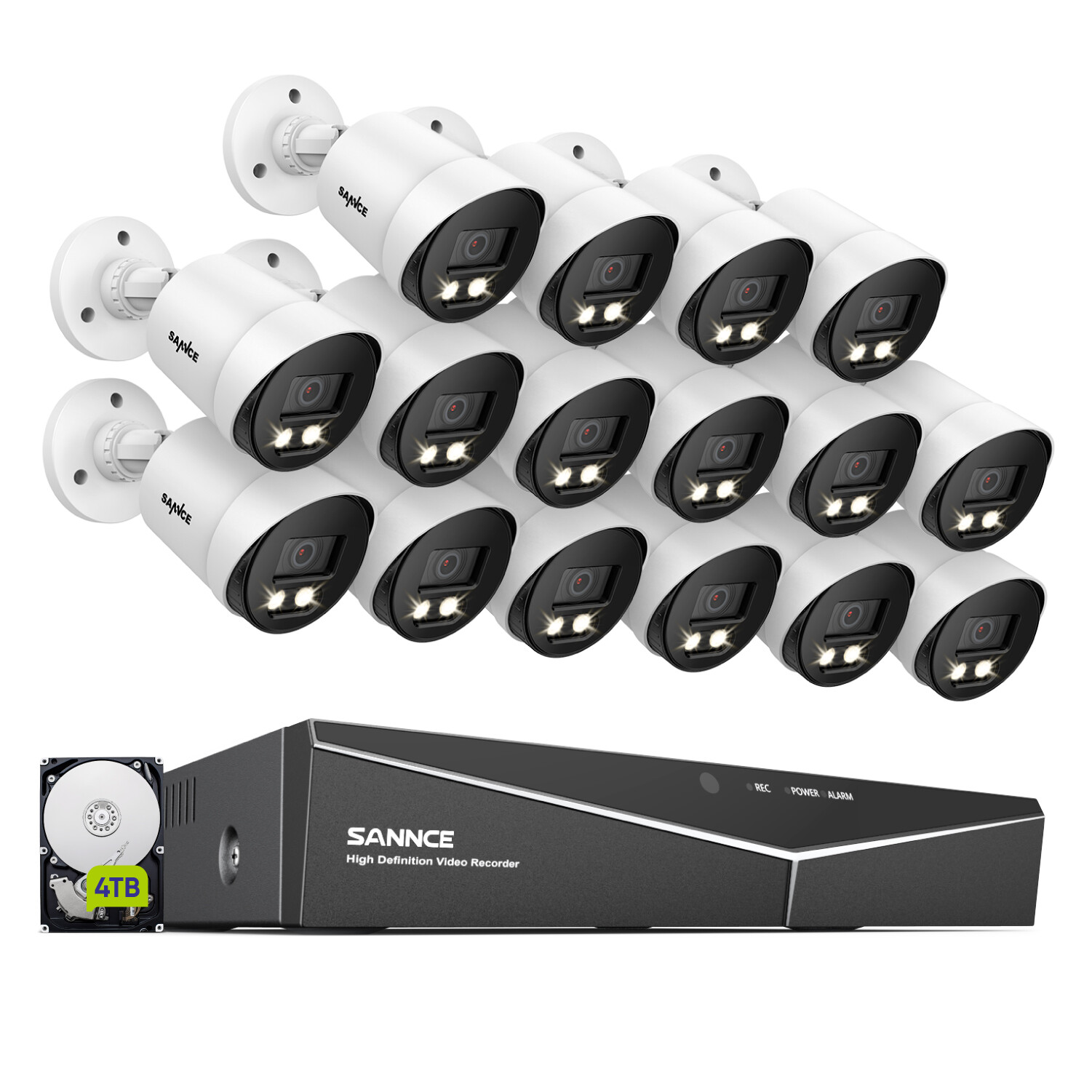 SANNCE HD 1080P Full Color Night Security Camera System 16CH 5IN1 DVR Outdoor AI