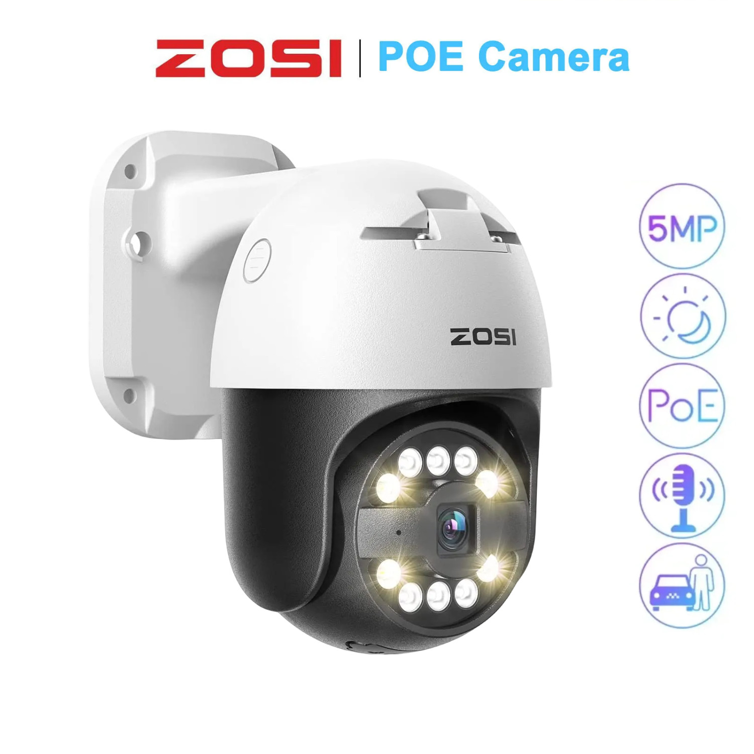 ZOSI 5MP POE Pan/Tilt Outdoor Security PT IP Camera AI human Detect Auto Track
