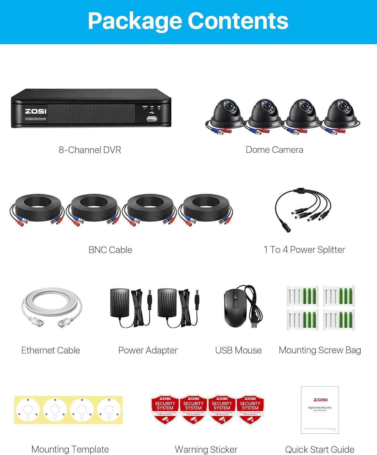 ZOSI 8CH DVR + 4x 720p Dome CCTV Cameras, Motion Detect, IR Night, No HDD