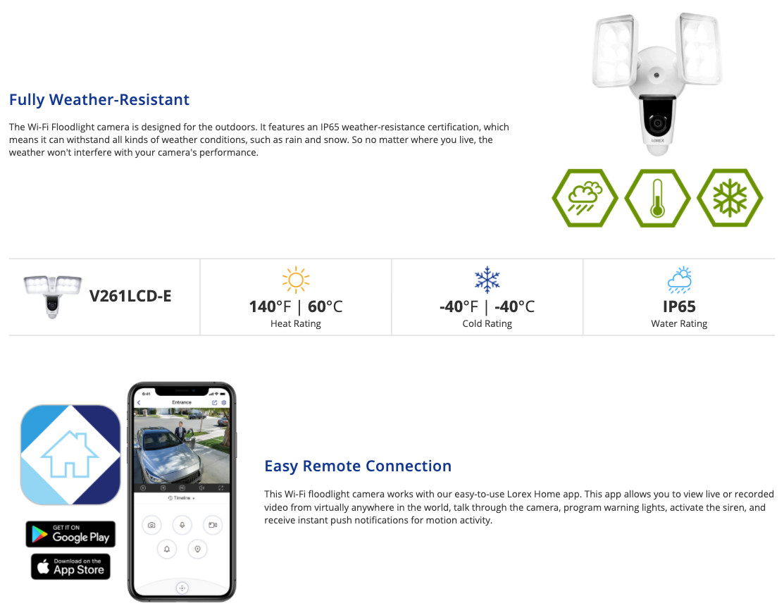 LOREX 1080p Wi-Fi Floodlight Camera Weatherproof, Two Way Talk, Deterrence Siren