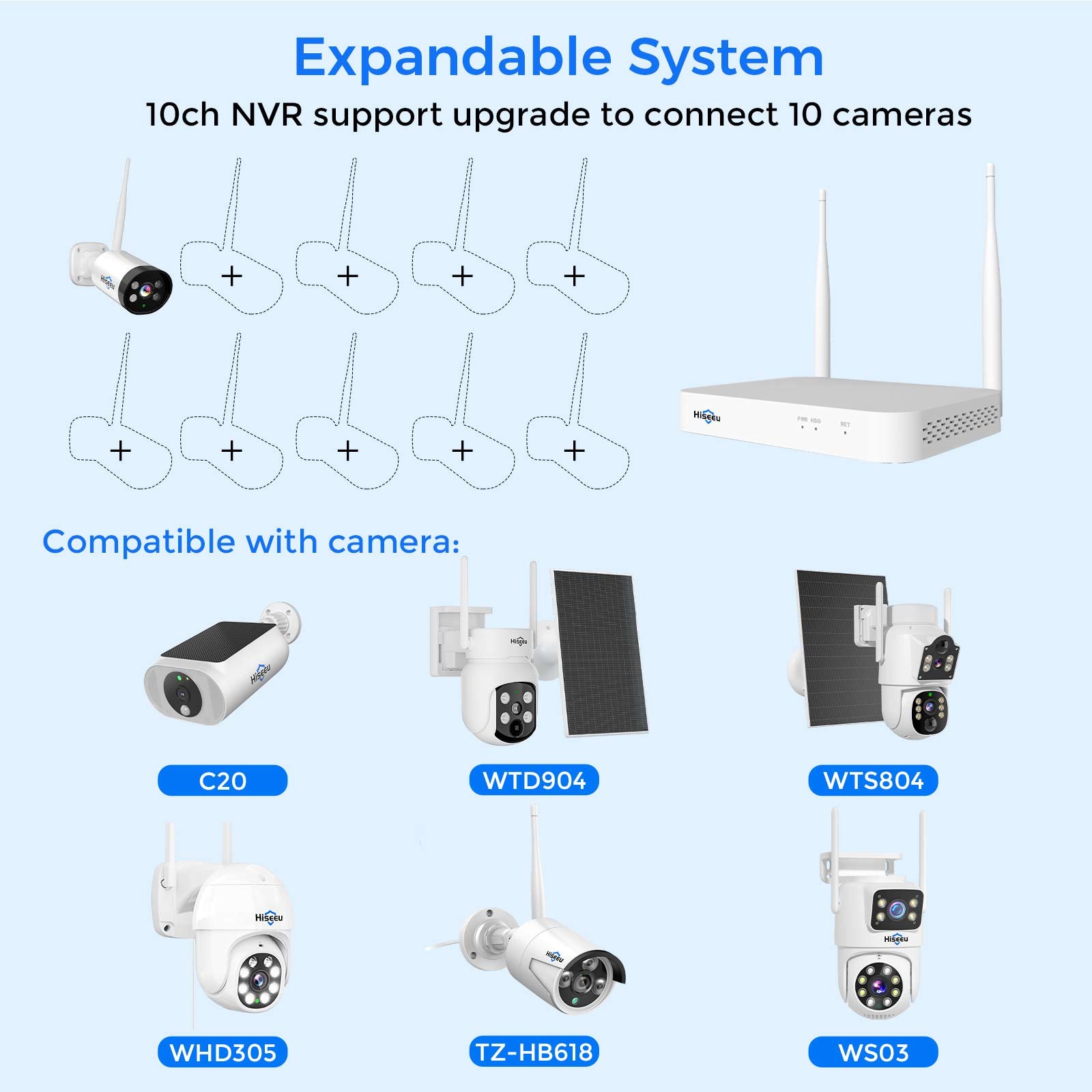 Hiseeu 10CH NVR 3MP 2.4G/5G WIFI Outdoor Audio Security Camera System CCTV HDD