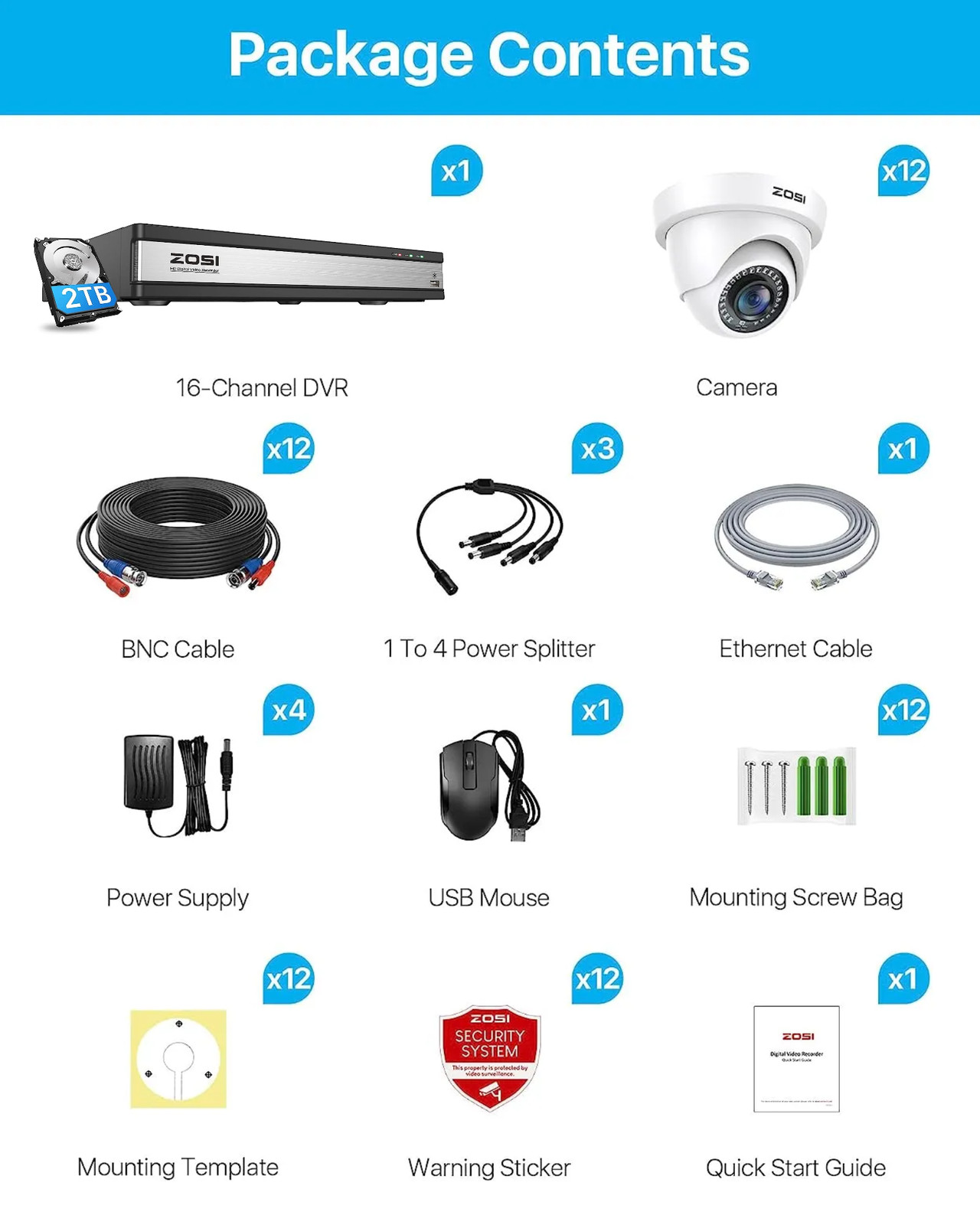 ZOSI 16CH DVR 1080P CCTV Security Remote Access Outdoor Camera System 2TB HDD